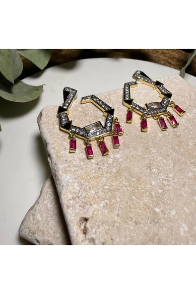 nesdesign Pembe Taşlı Geometrik Küpe - Resim 2