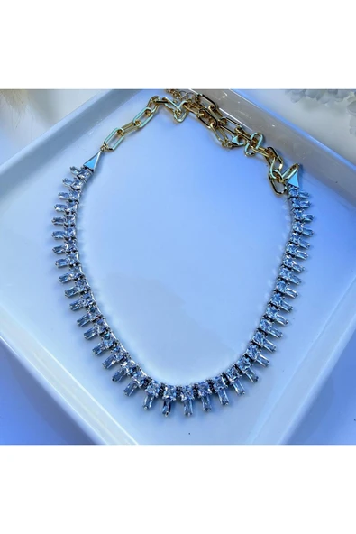 nesdesign 14K Altın Kaplama Ataç Zincir Detaylı Zirkon Taşlı Kolye (45+6 cm) ürün görseli 1