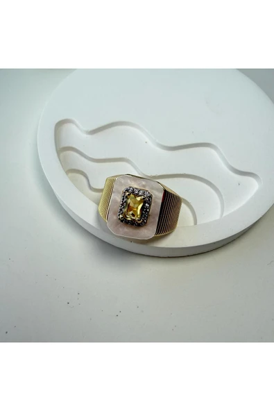 nesdesign Sarı Baget Taşlı Beyaz Plaka Ayarlanabilir Yüzük ürün görseli 1