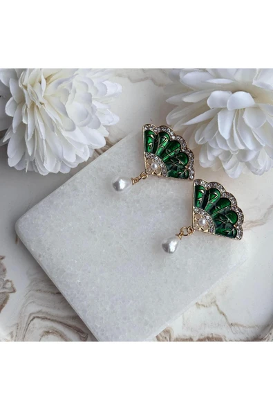 nesdesign İnci Sallantılı Yeşil Yelpaze Küpe - Resim 2