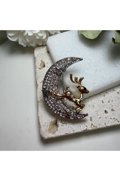 nesdesign Taşlı Hilal ve Gold Geyikli Broş ürün görseli 1