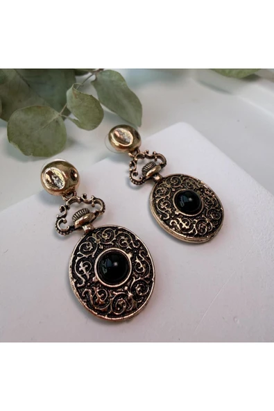 nesdesign Siyah Taşlı Bronz Sallantılı Vintage Küpe - Resim 3