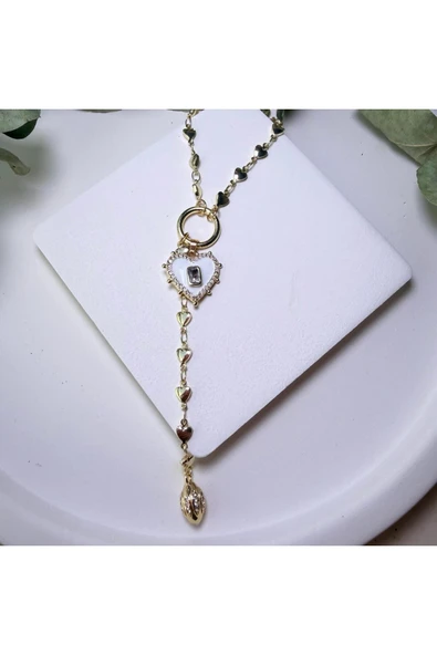 nesdesign Beyaz Kalp Charmlı Kalp Zincirli Y Kolye ürün görseli 1