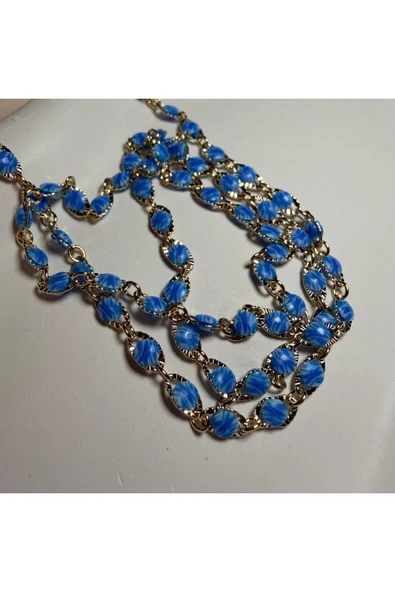 nesdesign Altın Kaplama Mavi Beyaz Çizgili Boncuklu Zincir Kolye (70 cm) - Resim 2