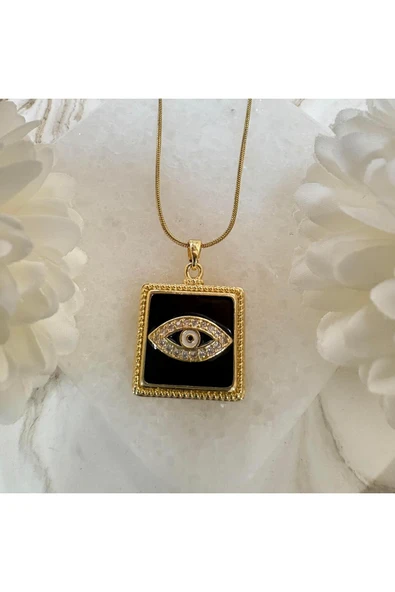 nesdesign Çelik Siyah Gözlü Kare Plaka Kolye (47 cm) ürün görseli 1