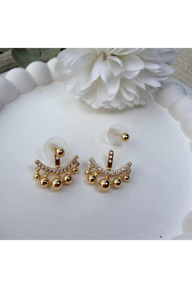 nesdesign Arkadan takmalı Ayarlanabilir Minik Toplu Sallantılı Gold Küpe - Resim 2