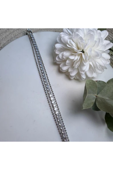 nesdesign Zirkon Taşlı Boncuk Zincirli Üç Sıra Tamtur Bileklik (17 cm) ürün görseli 1