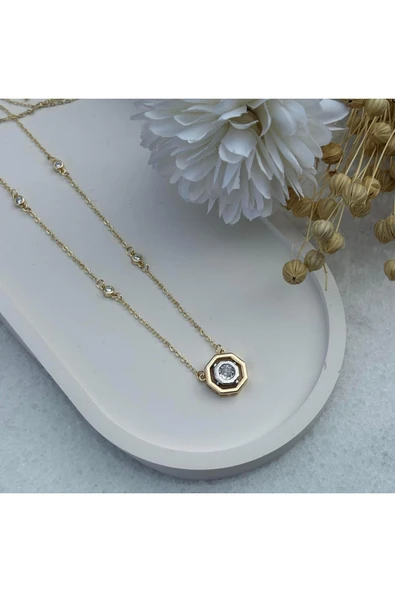 nesdesign Sekizgen Taşlı Zarif Çelik Kolye (52 cm) ürün görseli 1