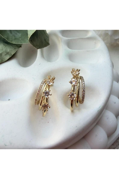 nesdesign Üçlü C Model Taşlı Zarif Gold Küpe - Resim 2