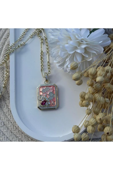 nesdesign Pembe Dikdörtgen Arı Petek Kolye (55 cm) ürün görseli 1
