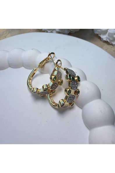 nesdesign Yeşil Taş Detaylı Şık Gold Küpe - Resim 3