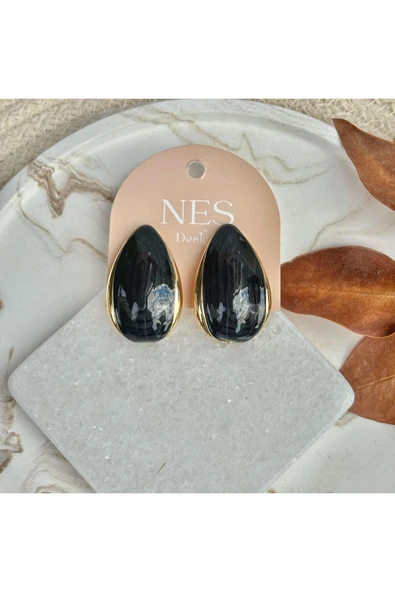 nesdesign Altın Detaylı Siyah Simli Damla Model Küpe ürün görseli 1