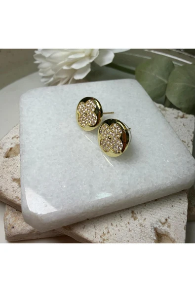 nesdesign Altın Kaplama Taşlı Gold Yonca Düğme Küpe - Resim 3