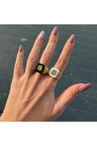 nesdesign Sarı Baget Taşlı Siyah Plaka Ayarlanabilir Yüzük - Resim 2