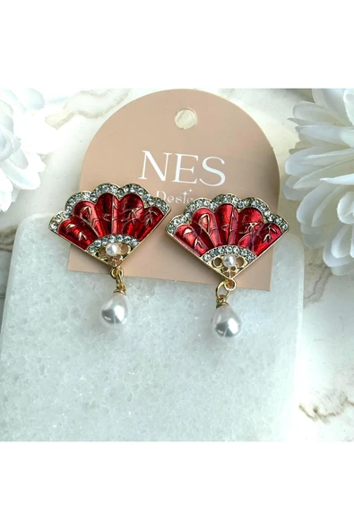 nesdesign İnci Sallantılı Kırmızı Yelpaze Küpe ürün görseli 1