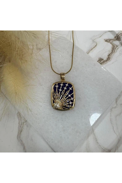 nesdesign Çelik Lacivert Plaka İçi Güneş Taşlı Kolye (44 cm) ürün görseli 1