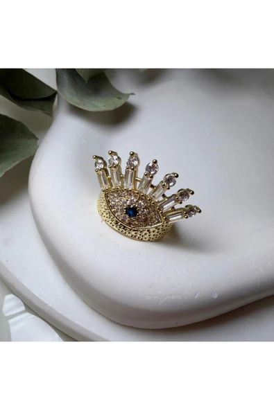 nesdesign Baget Taşlı Gold Dokulu Mavi Göz Yüzük ürün görseli 1