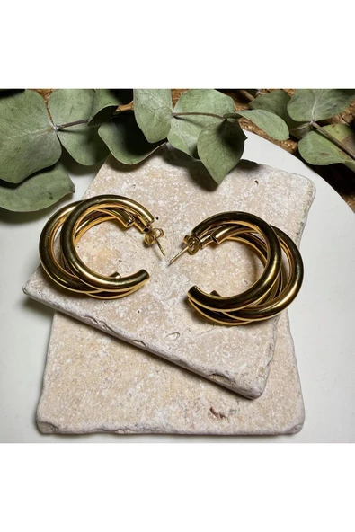 nesdesign Çelik Gold Üç Sıra Boru Halka Küpe - Resim 2