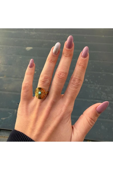 nesdesign Çelik Yuvarlak Plaka Üzerine Göz Dokulu Turkuaz Rengi Taşlı Zarif Ayarlanabilir Yüzük ürün görseli 1