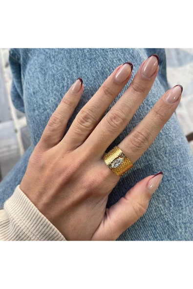 nesdesign Markiz Taşlı Dokulu Çelik Yüzük - Resim 2