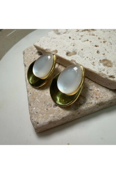 nesdesign Çelik Beyaz Taşlı Gold Damla Küpe - Resim 2