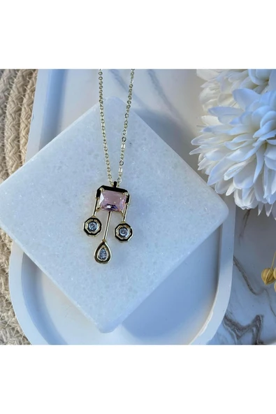 nesdesign Pembe Taşlı Sallantılı Zarif Kolye (45 cm) ürün görseli 1