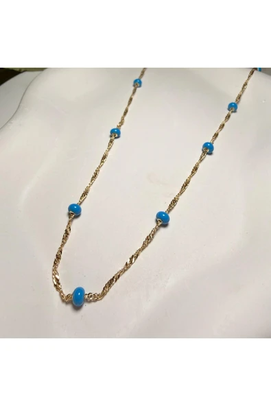nesdesign Altın Kaplama Mavi Boncuklu Zincir Kolye (45+5 cm) ürün görseli 1