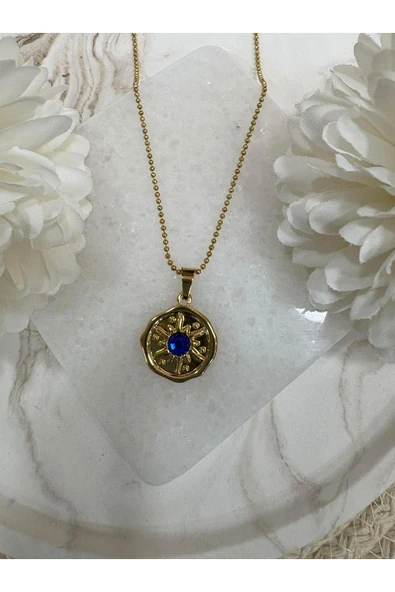 nesdesign Çelik Koyu Mavi Taşlı Küçük Yuvarlak Kolye (46 cm) ürün görseli 1