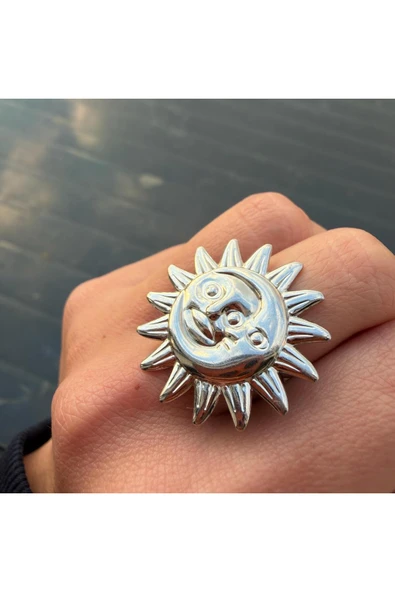 nesdesign Çelik Güneş Ay Büyük Ayarlanabilir Yüzük (Gümüş Renk) - Resim 2