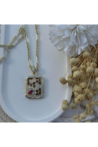 nesdesign Kahverengi Dikdörtgen Arı Petek Kolye (55 cm) - Resim 2