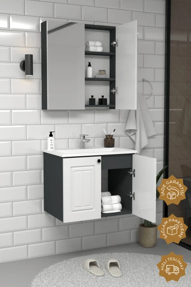 Teta Home Pekin 65 cm MDF Gövde Membran Kapak Banyo Dolabı Seti  Antrasit-Beyaz - Resim 3
