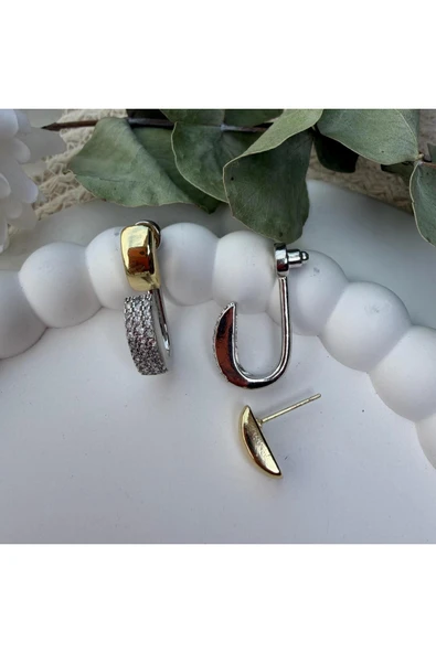 nesdesign Arkadan Takmalı Taşlı İki Renk Kanca Model Küpe - Resim 3