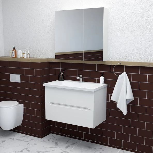 Teta Home Kopenhag 80 cm MDF Gövde Membran Kapak Banyo Dolabı Seti  Beyaz ürün görseli 1