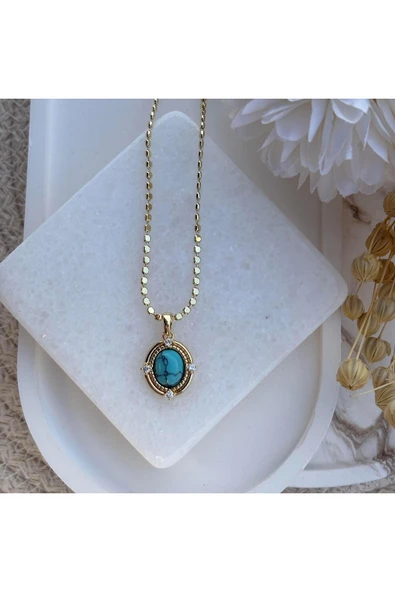 nesdesign Kenarları Taşlı Turkuaz Taşı Ezme Zincir Kolye (40 cm) ürün görseli 1