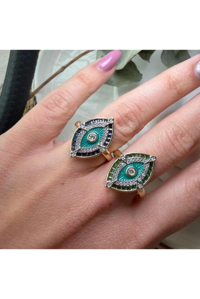 nesdesign Kenarları Lacivert Taşlı Turkuaz Göz Yüzük (Gold) - Resim 3