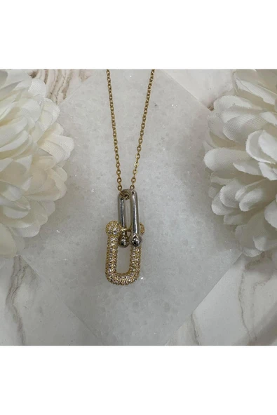 nesdesign Çelik Ucu Taşlı İki Renk Tasarım Zincir (46 cm) ürün görseli 1