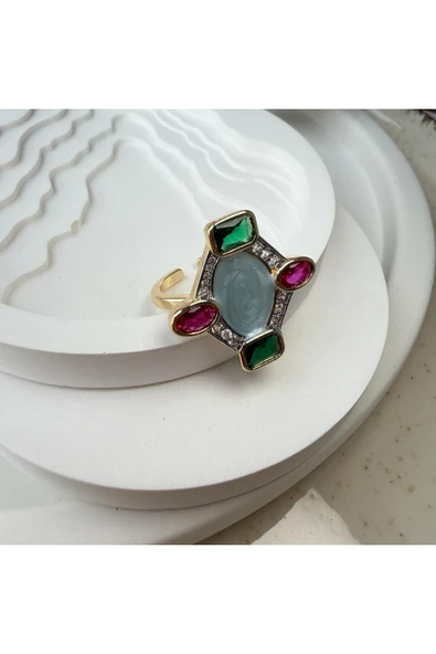 nesdesign Ortası Mavi Sedefli Renkli Taşlı Ayarlanabilir Yüzük - Resim 2