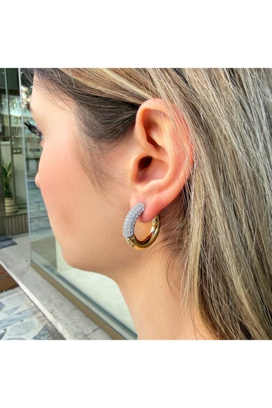 nesdesign Arkası Gold Önü Taşlı Halka Küpe ürün görseli 1