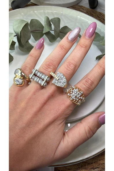 nesdesign Birbirine Sarılmış Üzeri Taş Gold Yüzük - Resim 3