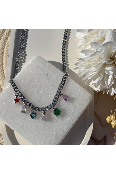 nesdesign Altın Kaplama Renkli Taşlı Kalın Zincir Kolye (47 cm) ürün görseli 1