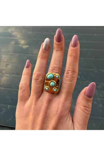 nesdesign Çelik Dikdörtgen Plaka Üzerine Gömme Turkuaz Rengi Taşlı Ayarlanabilir Yüzük ürün görseli 1