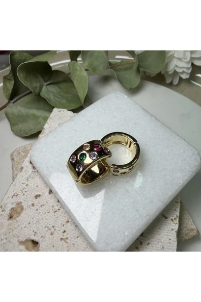 nesdesign Altın Kaplama Gömülü Renkli Taşlı Gold Halka Küpe ürün görseli 1