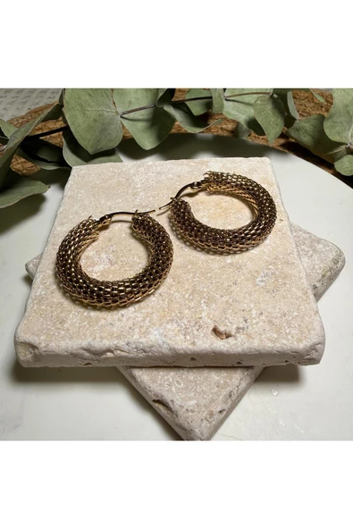 nesdesign Çelik Gold Örgü Halka Küpe - Resim 2