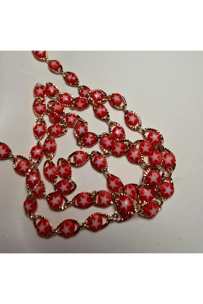 nesdesign Altın Kaplama Kırmızı Beyaz Yıldızlı Zincir Kolye (70 cm) - Resim 2