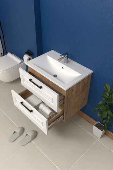 Teta Home Floransa 65 cm MDF Gövde Membran Kapak Banyo Dolabı Seti  Atlantik Çam- Beyaz - Resim 3