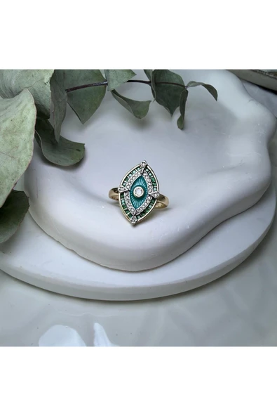 nesdesign Kenarları Yeşil Taşlı Turkuaz Göz Yüzük (Gold) ürün görseli 1