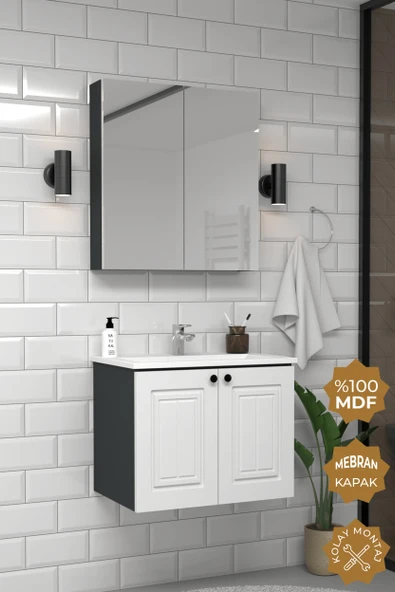 Teta Home Pekin 65 cm MDF Gövde Membran Kapak Banyo Dolabı Seti  Antrasit-Beyaz - Resim 2