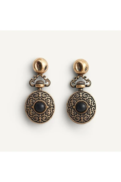 nesdesign Siyah Taşlı Bronz Sallantılı Vintage Küpe - Resim 2