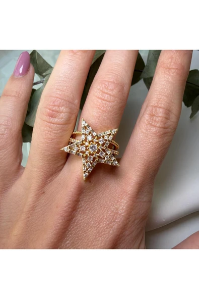 nesdesign Büyük Yıldızlı Üç Halka Gold Yüzük - Resim 2