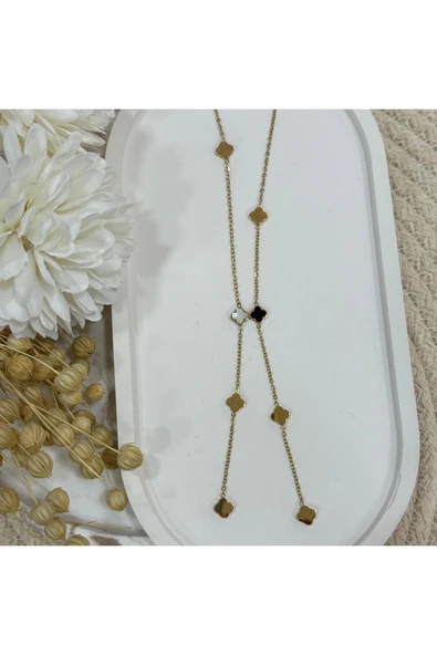 nesdesign Çelik Siyah Beyaz Yoncalı Şık Y Kolye ürün görseli 1